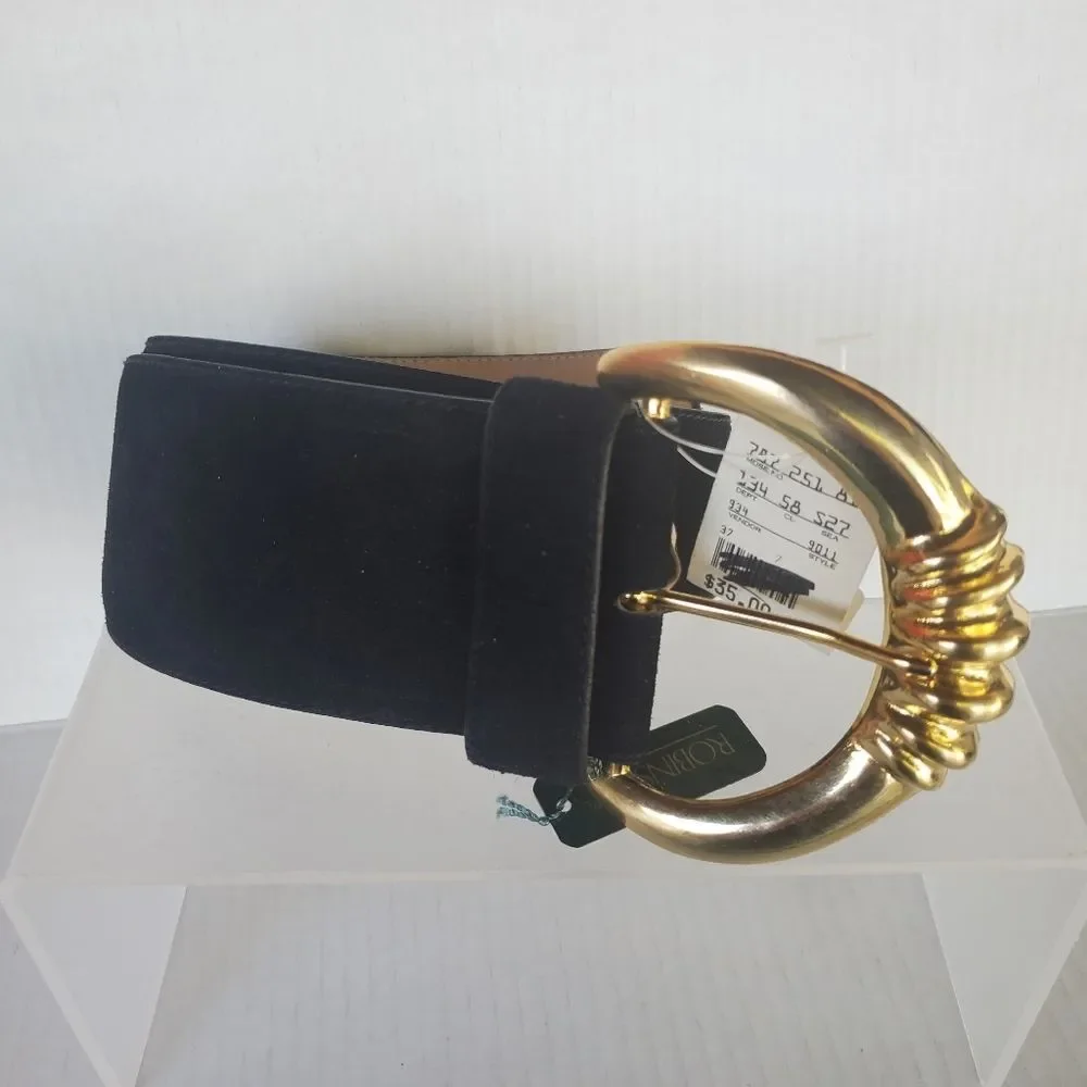 Black Suede “Door Knocker” style Belt with Gold Buckle NWT